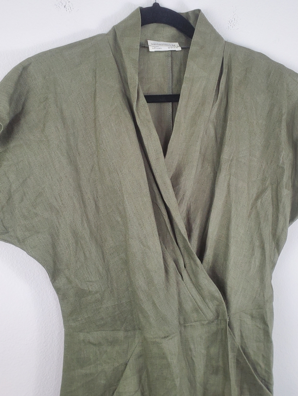Linen Fairy Tales Linen Olive Green Wrap Linen Dress Womens Size Medium - Picture 4 of 9